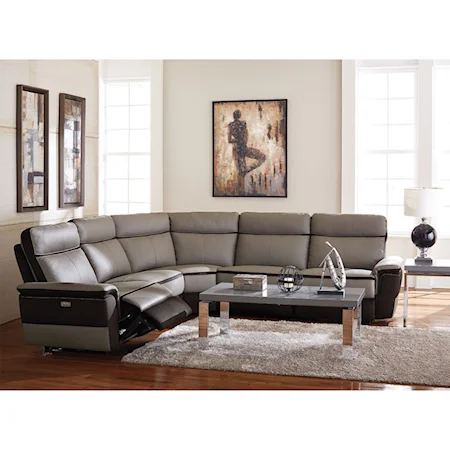 Contemporary Power Reclining Sectional with Leather and Fabric